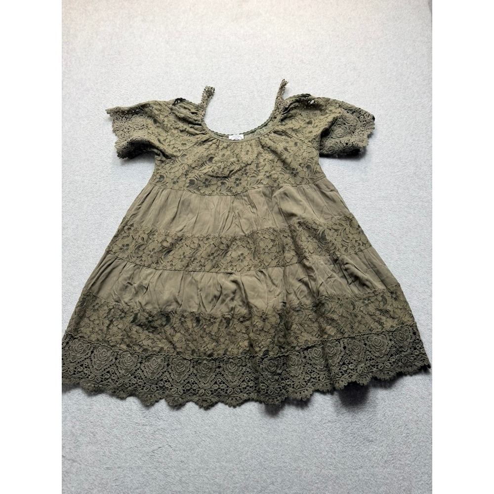 Muche et Muchette Olive Green Lace Tiered Boho Mini Dress S/M
